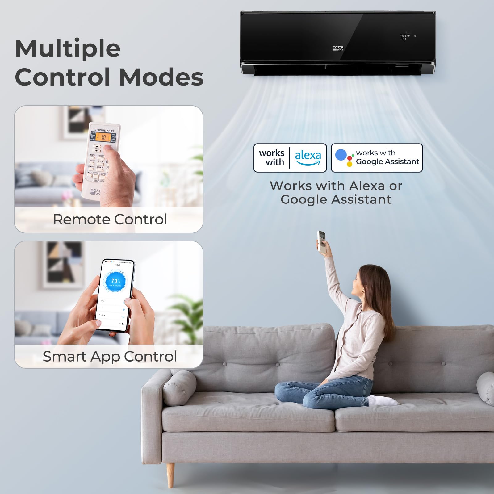 COSTWAY 18000 BTU Wifi Enabled Mini Split Air Conditioner & Heater, 21 SEER2 208-230V Inverter AC Unit Cools up to 1250 Sq. Ft., Energy Efficient (Black, 18000BTU, 208-230V, 21 SEER2-WIFI)