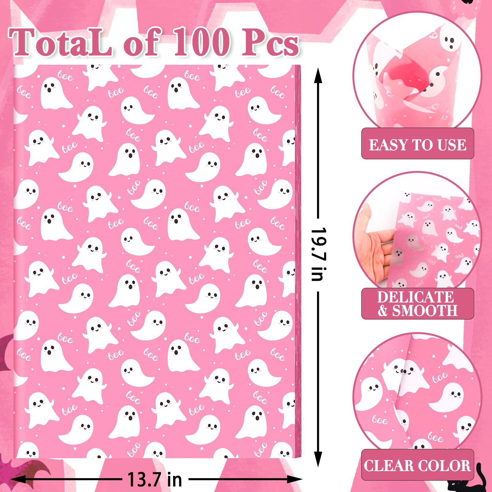 100 Sheets Pink Ghost and Boo Tissue Paper, 20 x 14in Halloween Pink Ghost Print Wrapping Tissue Cute Ghost Art Decorative Tissue for Happy Boo Day Girls Baby Shower Birthday Party Supplies