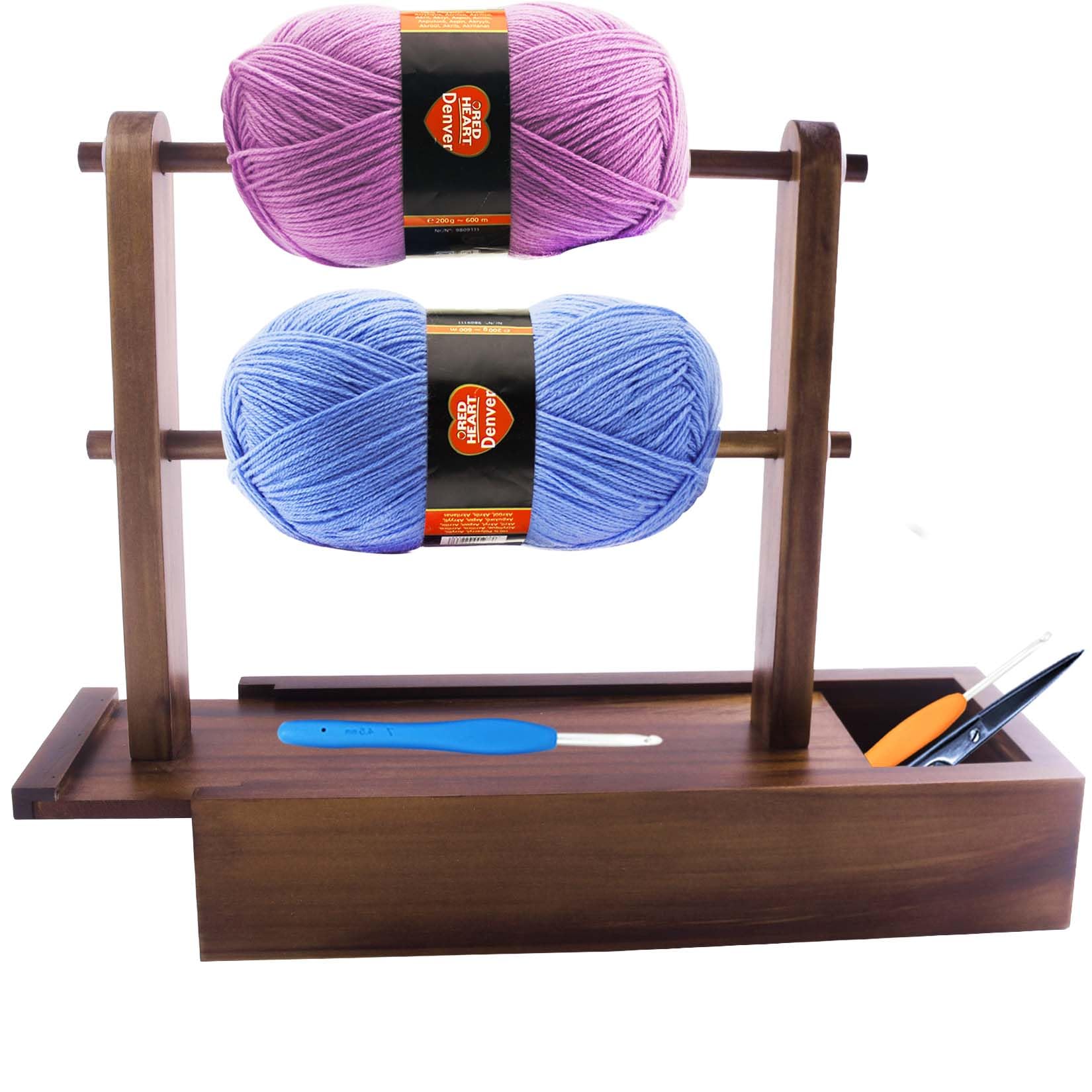 Viredelo Yarn Holder Dispenser for Crocheting,Crochet Yarn Holder with Storage Box,Twizzter Portable Yarn Holder,Yarn Holder for Crocheting,Handmade Wood Yarn Dispenser,Yarn Ball Holder,Walnut