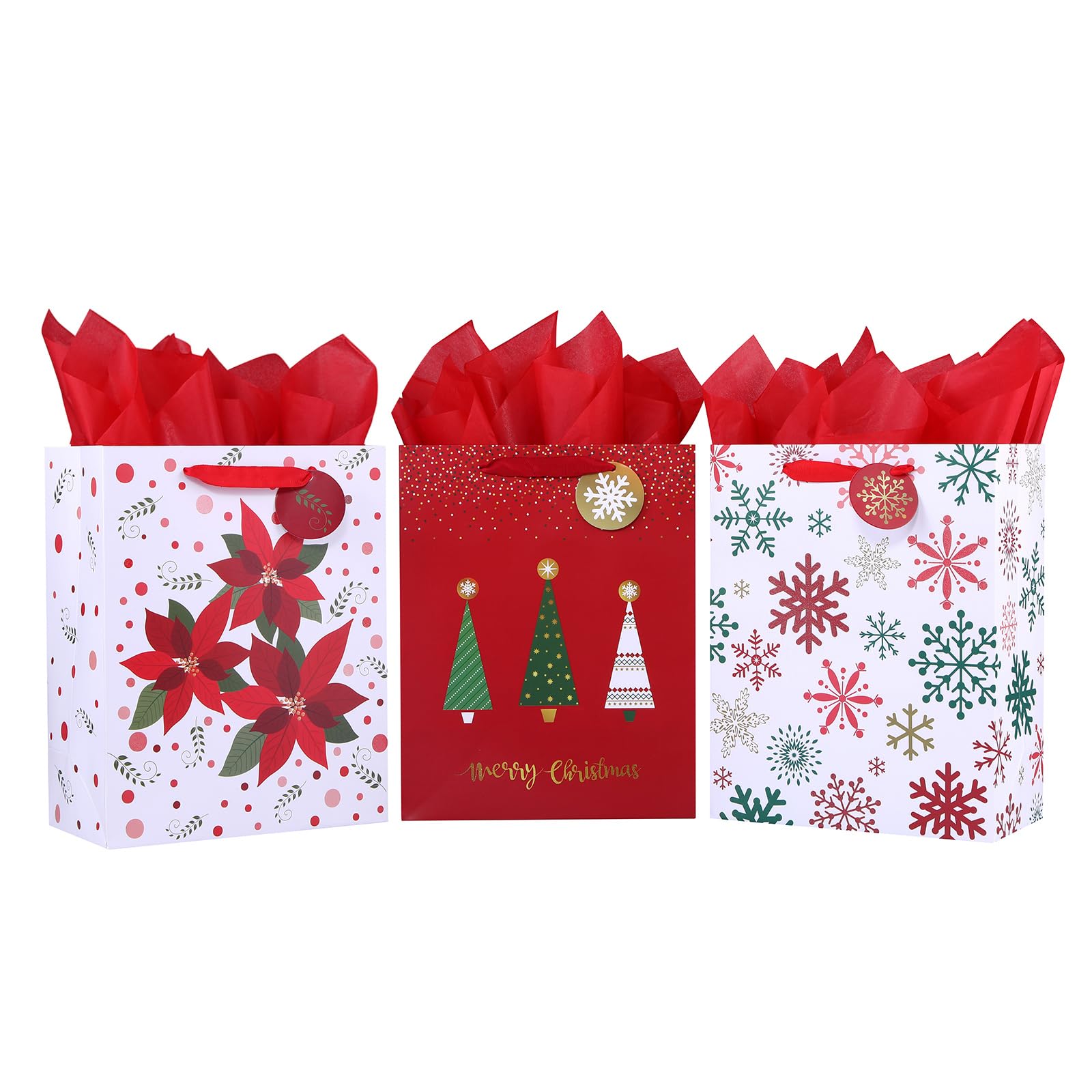 SUNCOLOR 3 Pack 13" Large Christmas Gift Bags with Tissue Paper