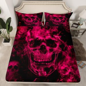 Feelyou Sugar Skull Sheet Set King Size Gothic Skull Sheets with Deep Pocket Fitted Sheet Teens Adults Halloween Themed Bed Sheets Set Smokey Hot Pink Black Bed Set Room Decor 4Pcs with 2 Pillow Case