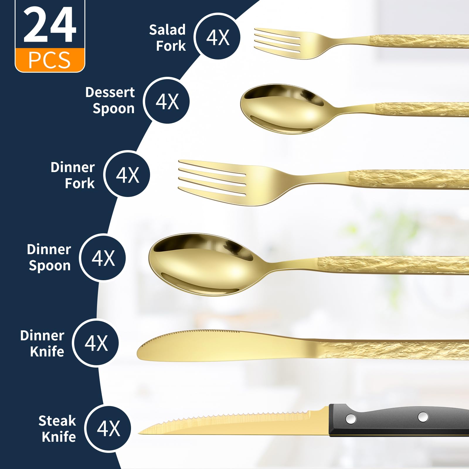 Premium 24-Piece Stainless Steel Cutlery Set with Steak Knives - Golden Silverware Set for Elegant Dining Experience