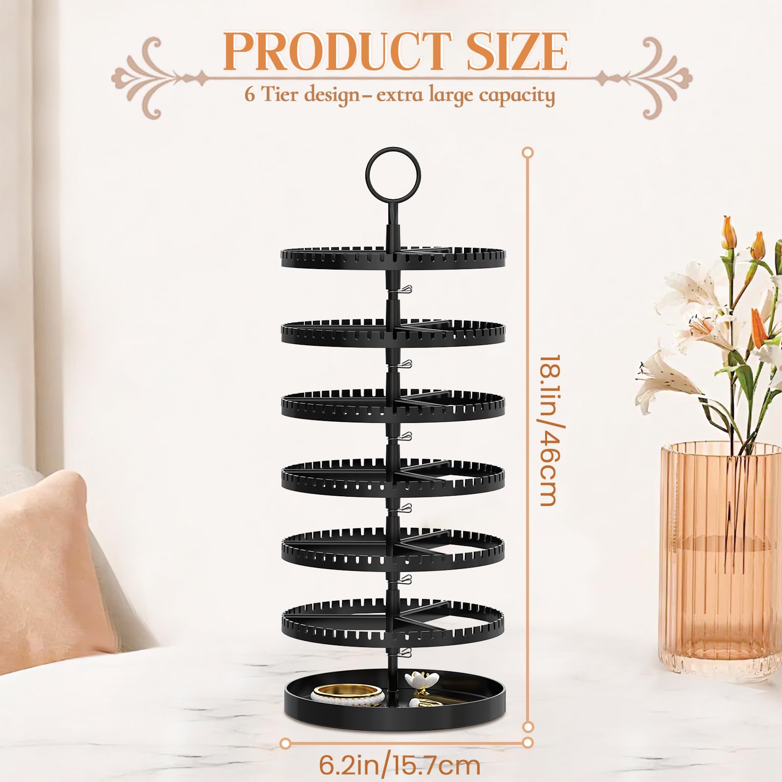 iDavosic.ly 6 Tier Rotating Earring Holder Organizer with Metal Tray, Adjustable Plastic Earring Display Stands Tree with 342 Grooves, Large Earring Storage Rack Tower for Hoop Dangle, Black