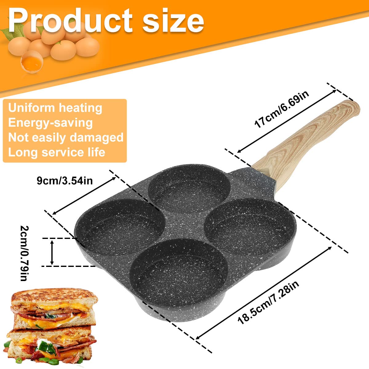 US Egg Frying Pan Aluminum 4 Cups Egg Frying Pan Nonstick Mini Egg Cooker Omelet Pan Heavy-Duty Egg Skillet with Wooden Handle Breakfast Egg Pan for Home Kitchen Cooking(black)