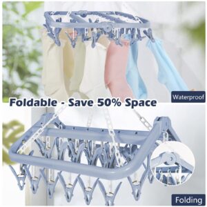 Aolloa Clothes Drying Rack with 32 Clothespins, Bule Foldable Hanging Drying Racks, 360° Rotatable Hook for Drying Towels Bras Baby Clothes Gloves Plastic, Clothes Drying Foldable-Bule