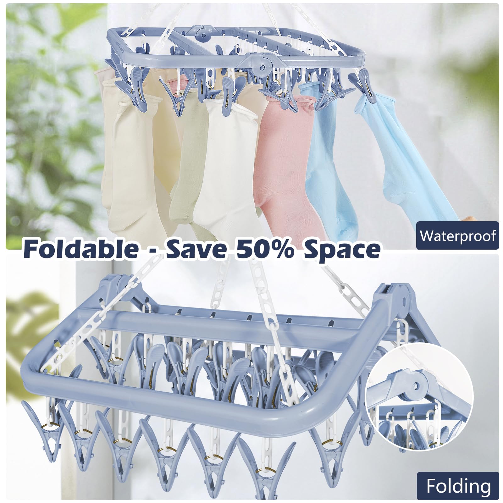 Aolloa Clothes Drying Rack with 32 Clothespins, Bule Foldable Hanging Drying Racks, 360° Rotatable Hook for Drying Towels Bras Baby Clothes Gloves Plastic, Clothes Drying Foldable-Bule