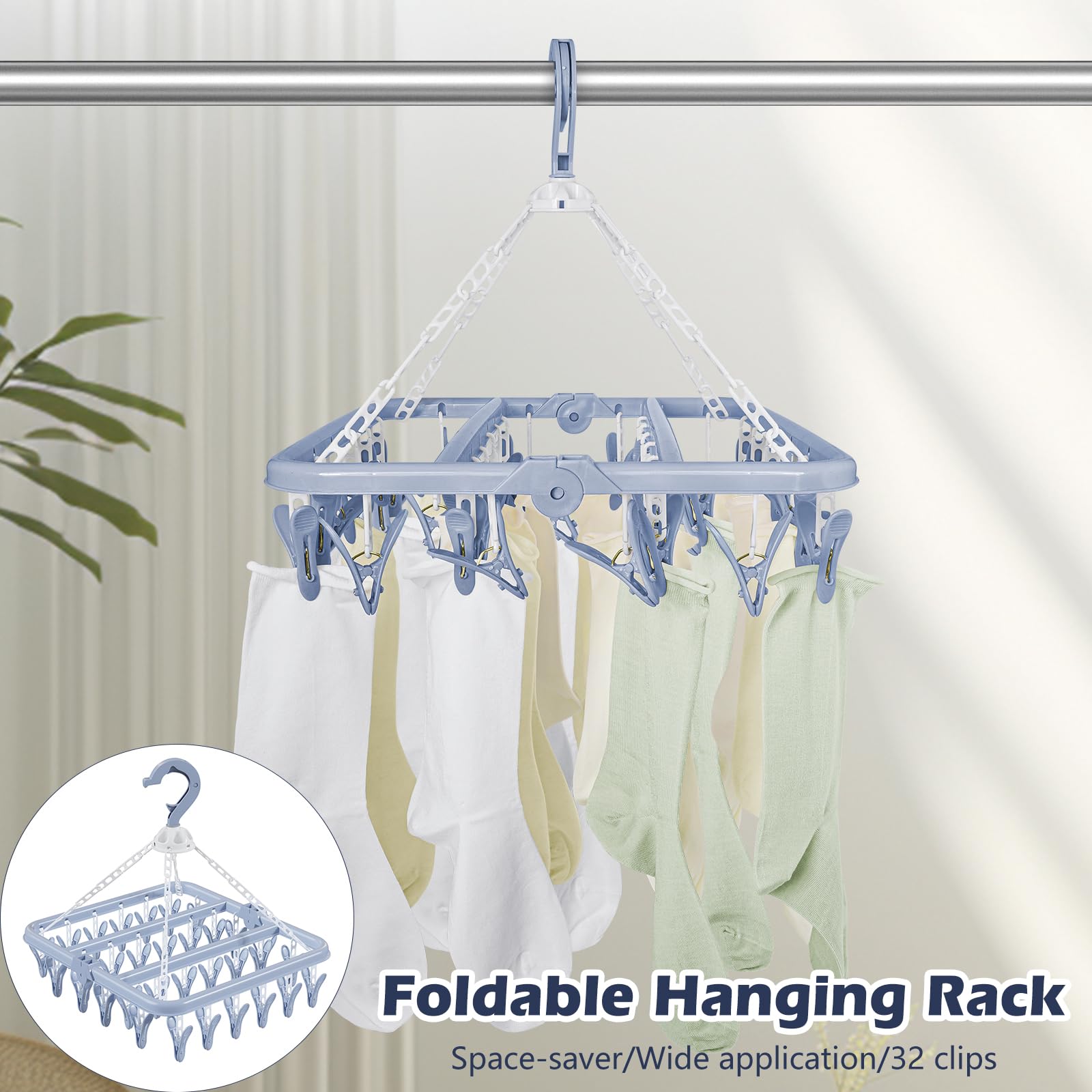 Aolloa Clothes Drying Rack with 32 Clothespins, Bule Foldable Hanging Drying Racks, 360° Rotatable Hook for Drying Towels Bras Baby Clothes Gloves Plastic, Clothes Drying Foldable-Bule