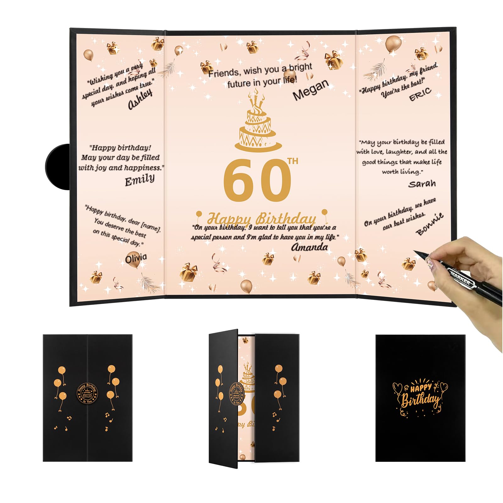 Dincerpen Black Gold 60th Birthday Decorations - 60th Birthday Guest Book, 60th Birthday Party Supplies Signature Book, Great 60th Birthday Card - 60th Birthday Party Favors for Men Women