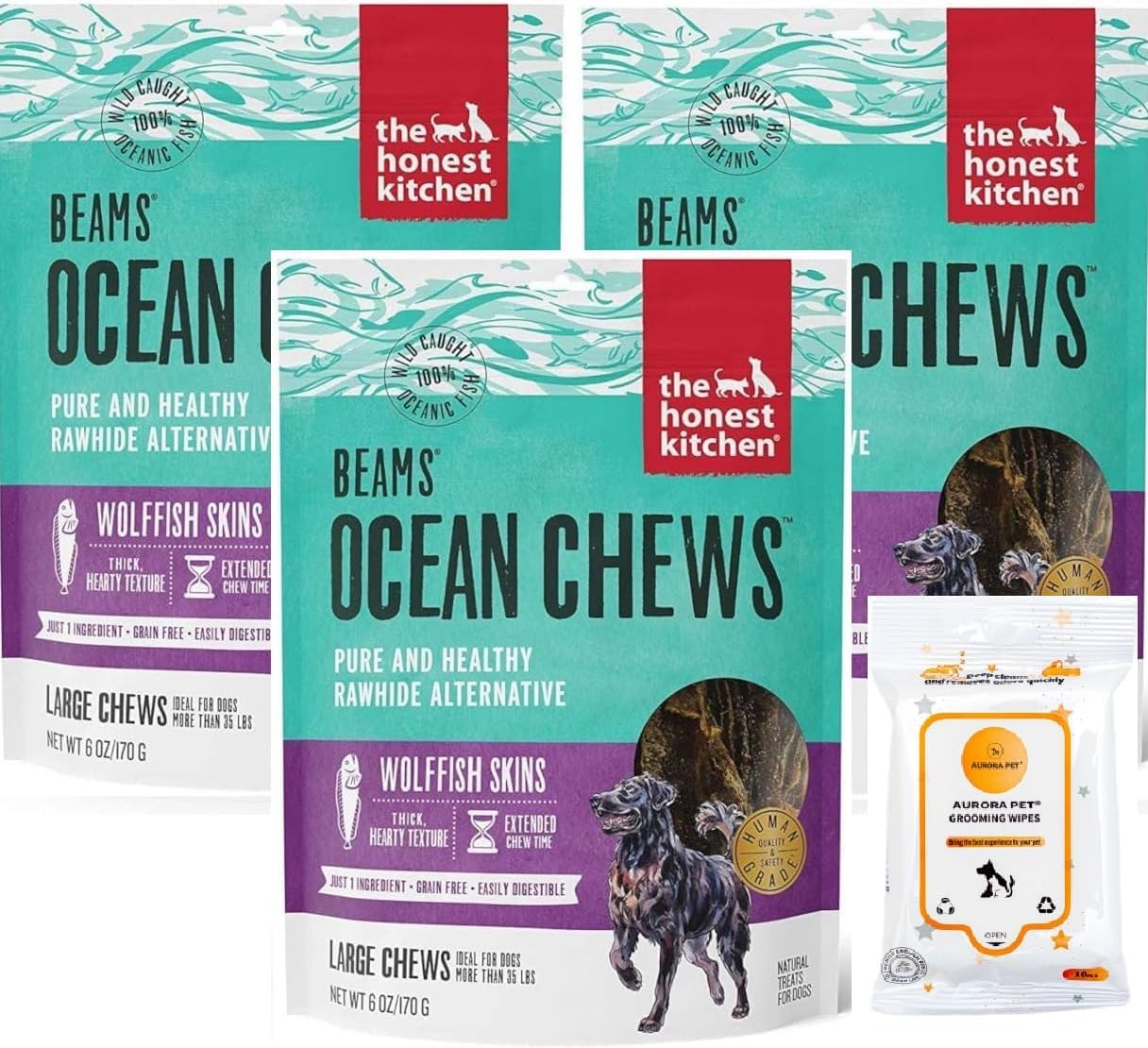 Aurora Pet Bundle (3) Ocean Chews Wolfish Skins Dehydrated Dog Treats (6-oz Each) with AuroraPet Wipes