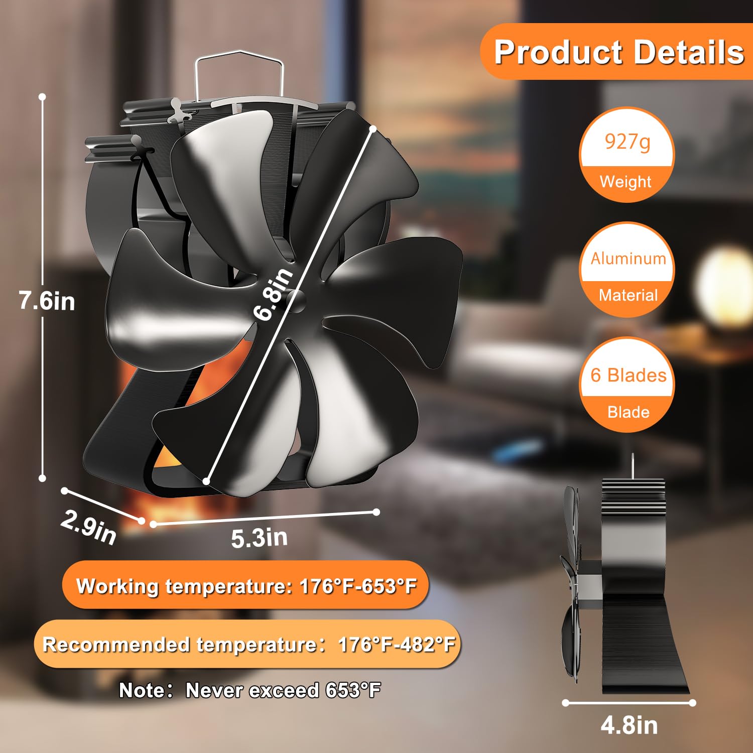 VODA Wood Stove Fan 6 Blades Heat Powered Fans Newly Designed Fireplace Fans for Wood Burning Stoves Eco Fans for Log Burner Fireplaces