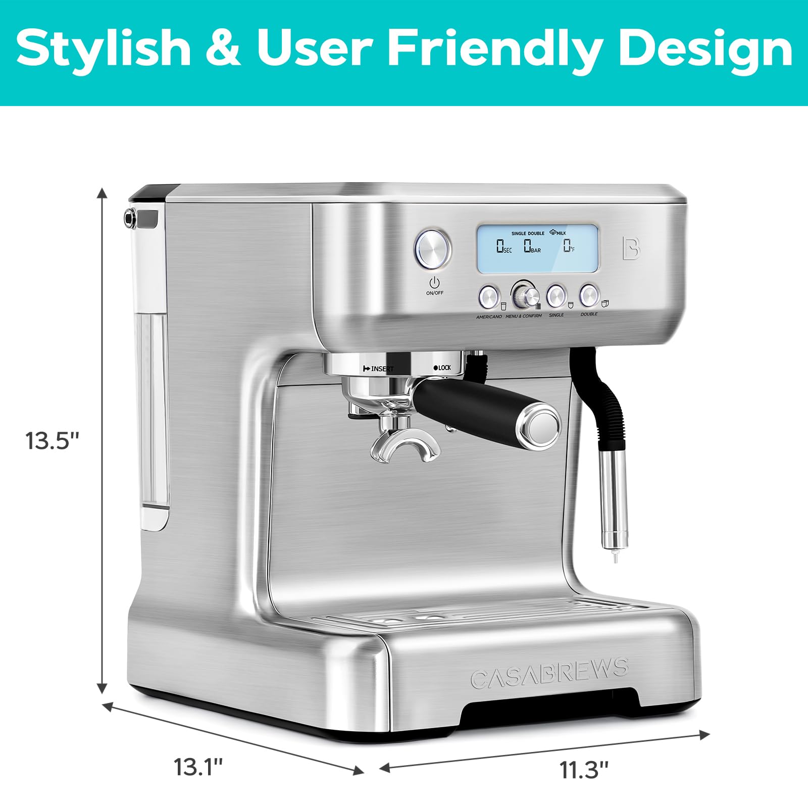 CASABREWS Espresso Machine with Automatic Milk Frother, 20 Bar Espresso Maker with Dual Boiler and LCD Display, Barista Cappuccino Latte Maker with Separate Hot Water System for Americano, Silver