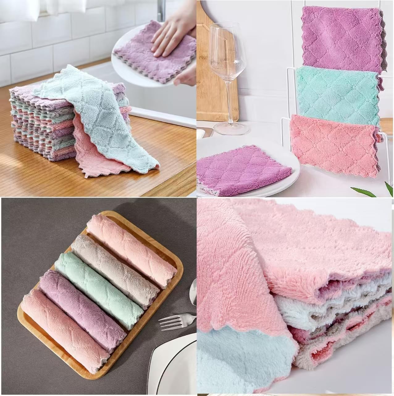 24 Pack Kitchen Dish Cloths Dish Towels, Super Soft and Absorbent Coral Fleece Cloth, Coral Velvet Microfiber Cleaning Cloth, Nonstick Oil Washable Fast Drying Dish Rags for Clean Table, Dish, Glass.