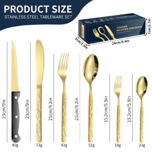 Premium 24-Piece Stainless Steel Cutlery Set with Steak Knives - Golden Silverware Set for Elegant Dining Experience