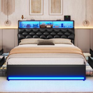 BTHFST Queen Bed Frame with 4 Drawers & Hidden Storage Headboard, LED Bed Frame Queen Size with Charging Station, Upholstered Bed Frame Queen with Metal Slats, No Box Spring Needed, Black PU