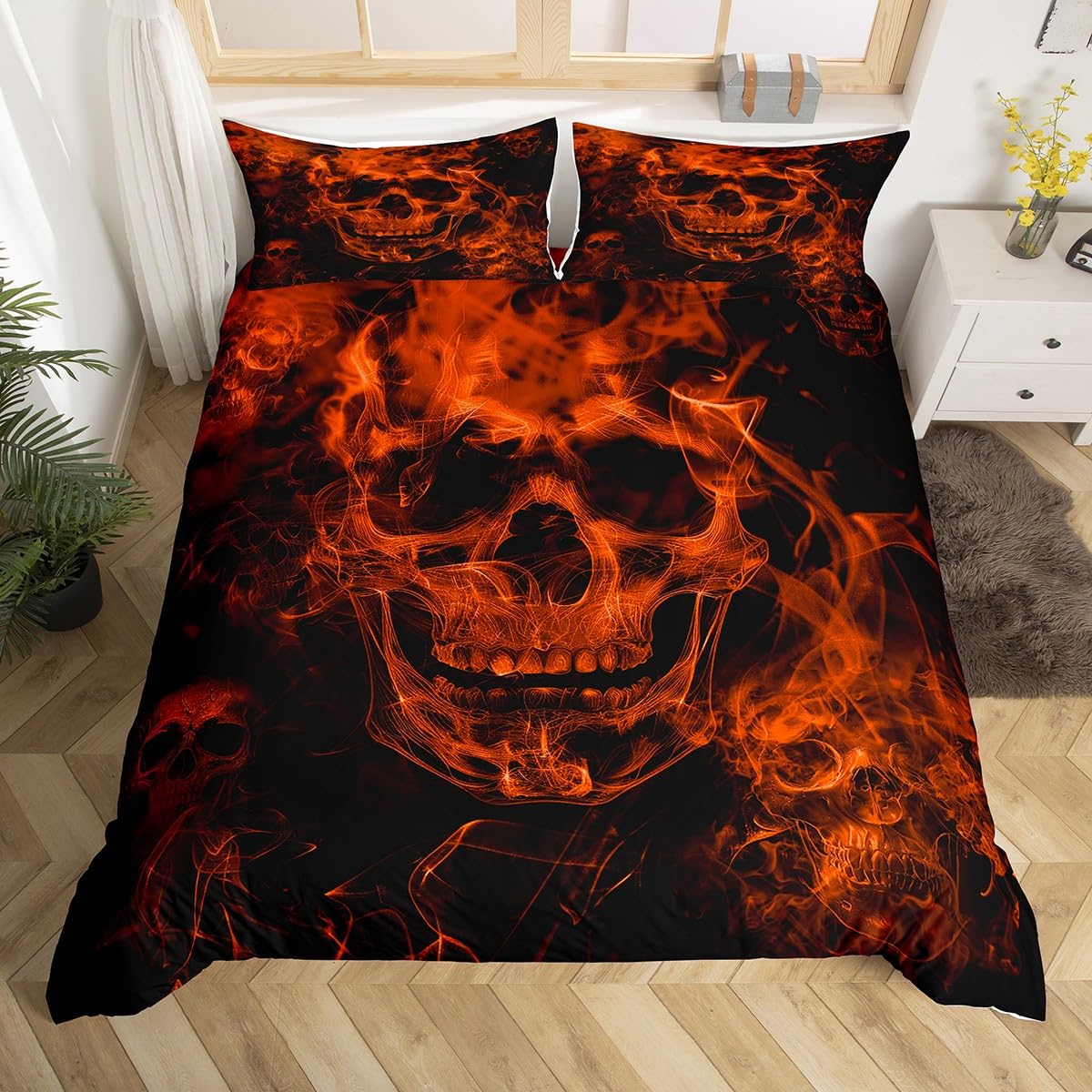 Feelyou Sugar Skull Bedding Set Twin Size Gothic Skull Comforter Cover Set for Kids Teens Adults Halloween Themed Duvet Cover Smokey Orange Black Bedspread Cover Room Decor 2Pcs with 1 Pillow Case