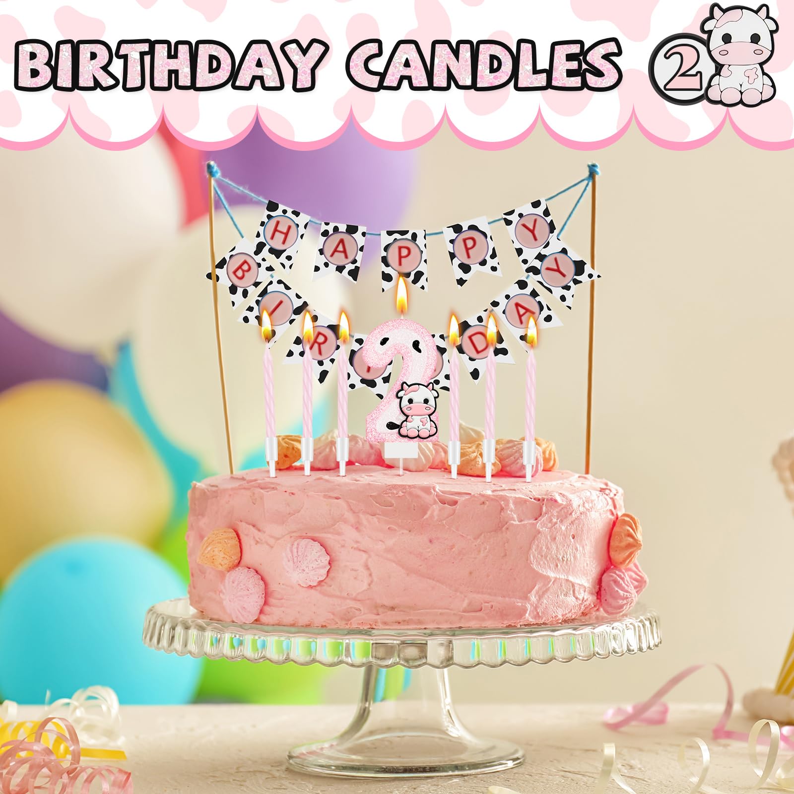 MTLEE Number 2 Pink Cow Glitter Birthday Candles Sparklers Pink Glitter Happy Birthday Number Candles Number Birthday Cake Topper with 10 Long Thin Cupcake Candle for Party Farm Birthday Decorations