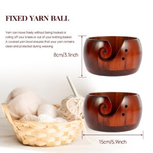 US Wooden Yarn Bowl Round Crochet Bowl Holder with Holes Pine Knitting Yarn Bowls Wooden Weaving Thread Bowl with Lid Portable Yarn Storage Bowl for DIY Knitting Crafts 5.9x5.9x3 inch(Dark -colored)