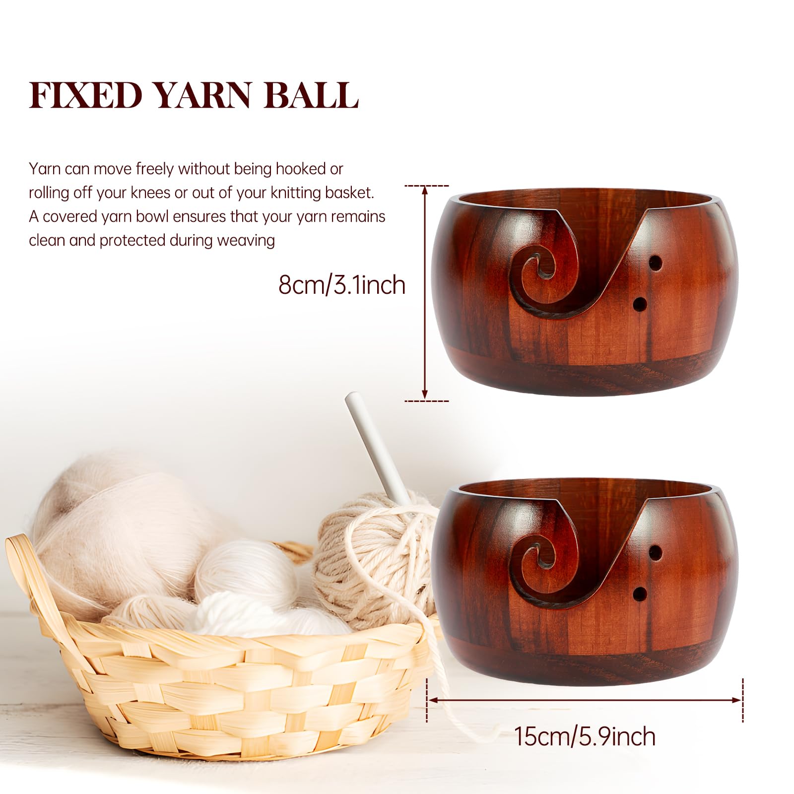 US Wooden Yarn Bowl Round Crochet Bowl Holder with Holes Pine Knitting Yarn Bowls Wooden Weaving Thread Bowl with Lid Portable Yarn Storage Bowl for DIY Knitting Crafts 5.9x5.9x3 inch(Dark -colored)