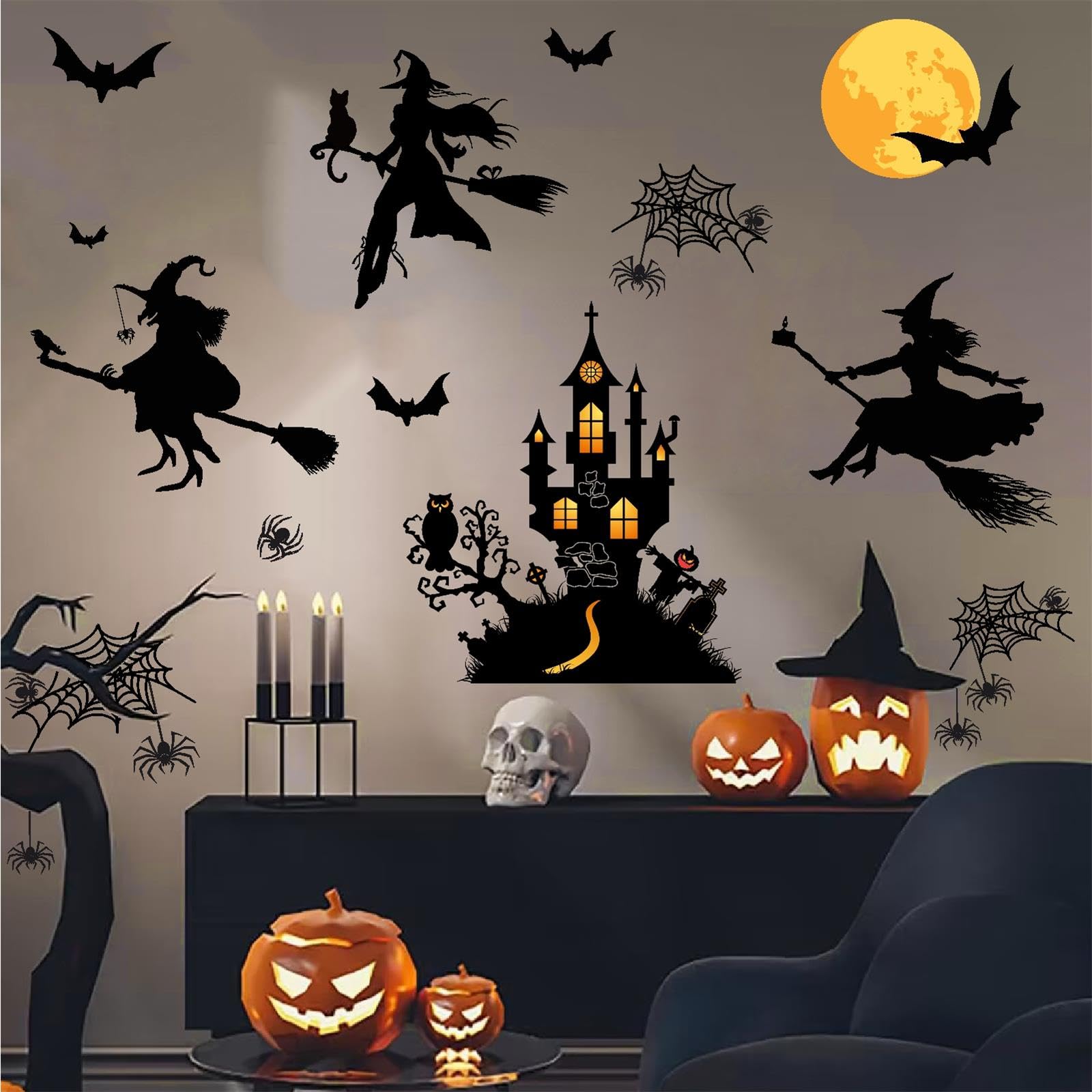 Halloween Decorations Decals Witches Wall Decor Black Bats Castle Stickers Halloween Wall Decal Peel and Stick Halloween Party Supplies Scary Spider Vinyl Sticker Art Murals for Home Window Door Decor