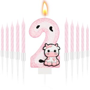 mtlee number 2 pink cow glitter birthday candles sparklers pink glitter happy birthday number candles number birthday cake topper with 10 long thin cupcake candle for party farm birthday decorations