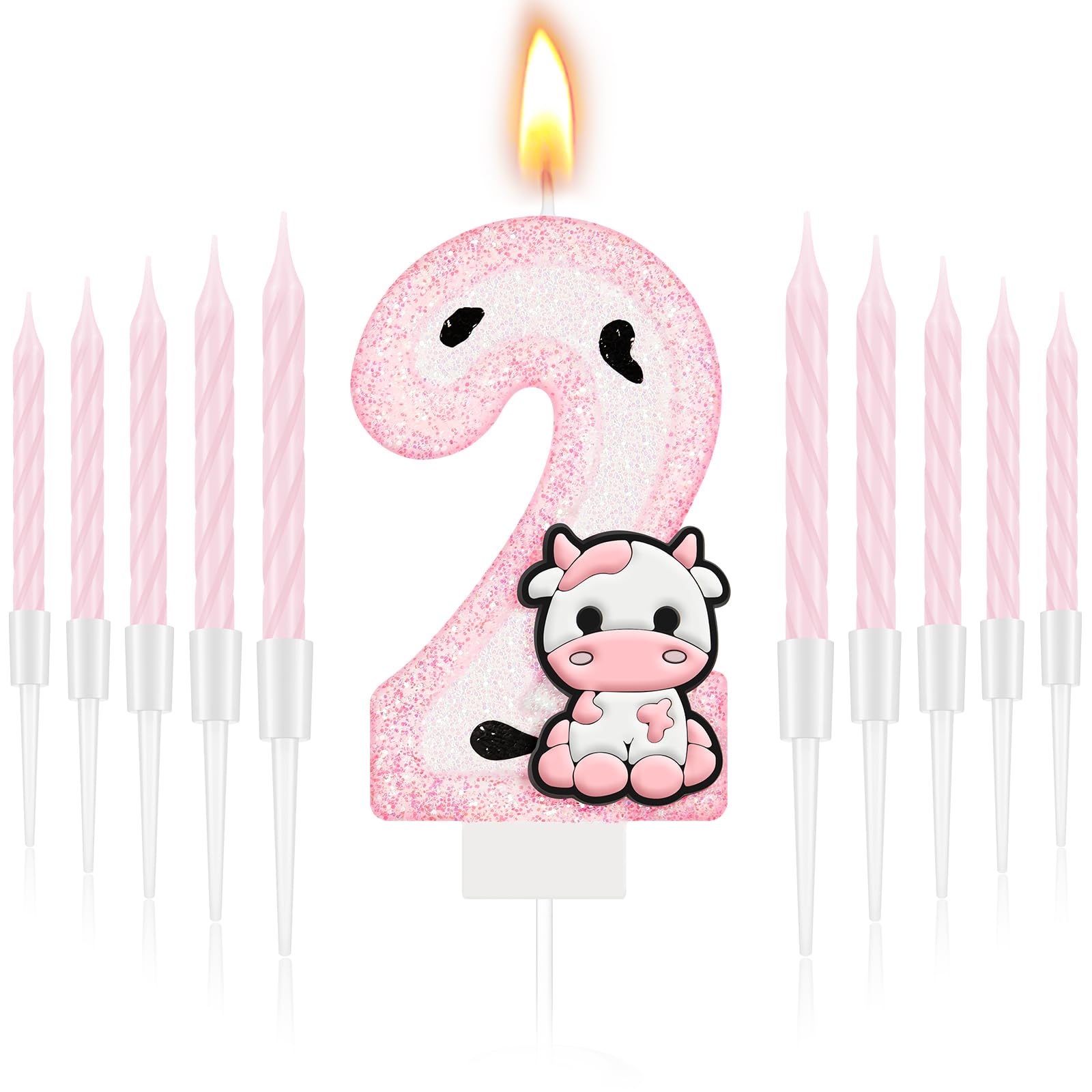 MTLEE Number 2 Pink Cow Glitter Birthday Candles Sparklers Pink Glitter Happy Birthday Number Candles Number Birthday Cake Topper with 10 Long Thin Cupcake Candle for Party Farm Birthday Decorations