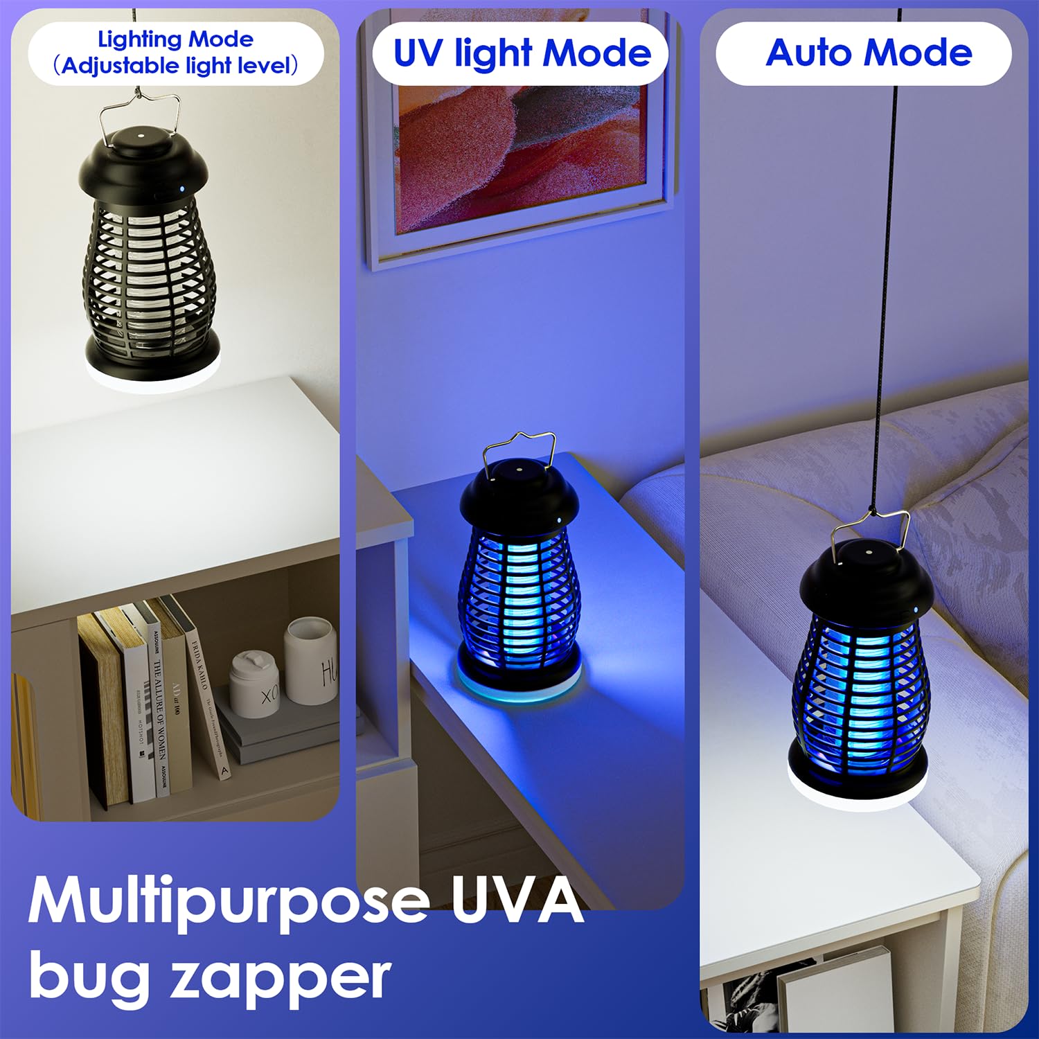 Cordless Bug Zapper Outdoor & with LED IP67 Waterproof Mosquito Zapper Indoor & Camping 4800mAh Electric Wireless Fly Zapper Portable Fly Trap (Black)