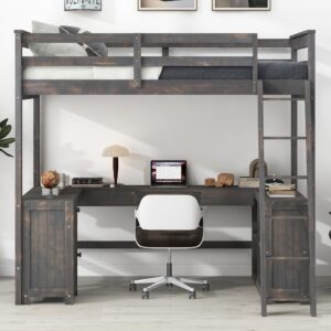 Merax Full Size Loft Bed, Wood Full Loft Bed Frame with U-Shaped Desk, Cabinet, Drawers and Storage Shelves, Antique Brown