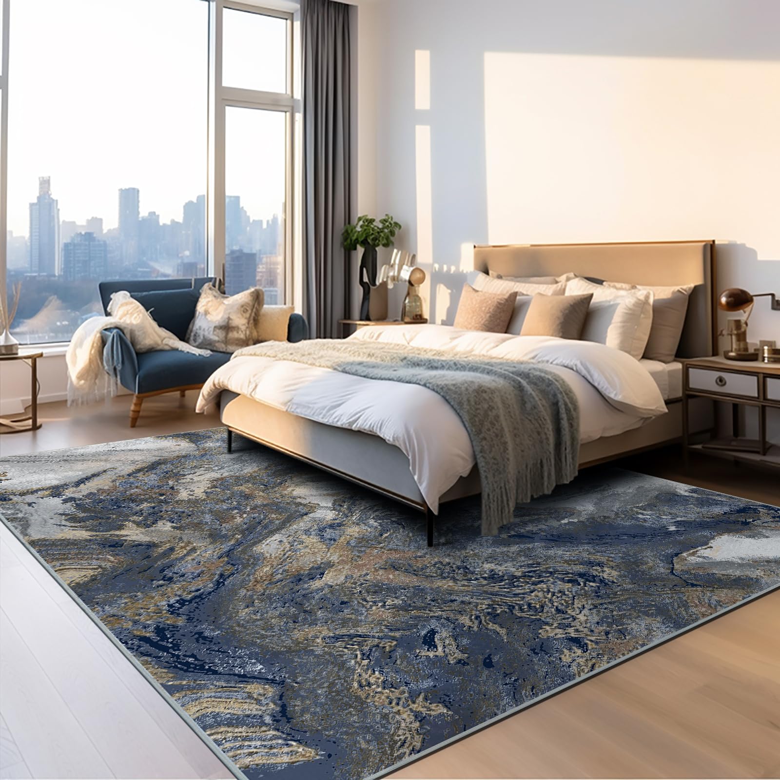 Luxcrest Marble Area Rugs for Living Room Carpet for Bedroom, Washable Area Rug Indoor Modern Rug Home Office Rug Dining Room Soft Low Pile Non-Shedding Rug (Blue/Gold, 8x10)