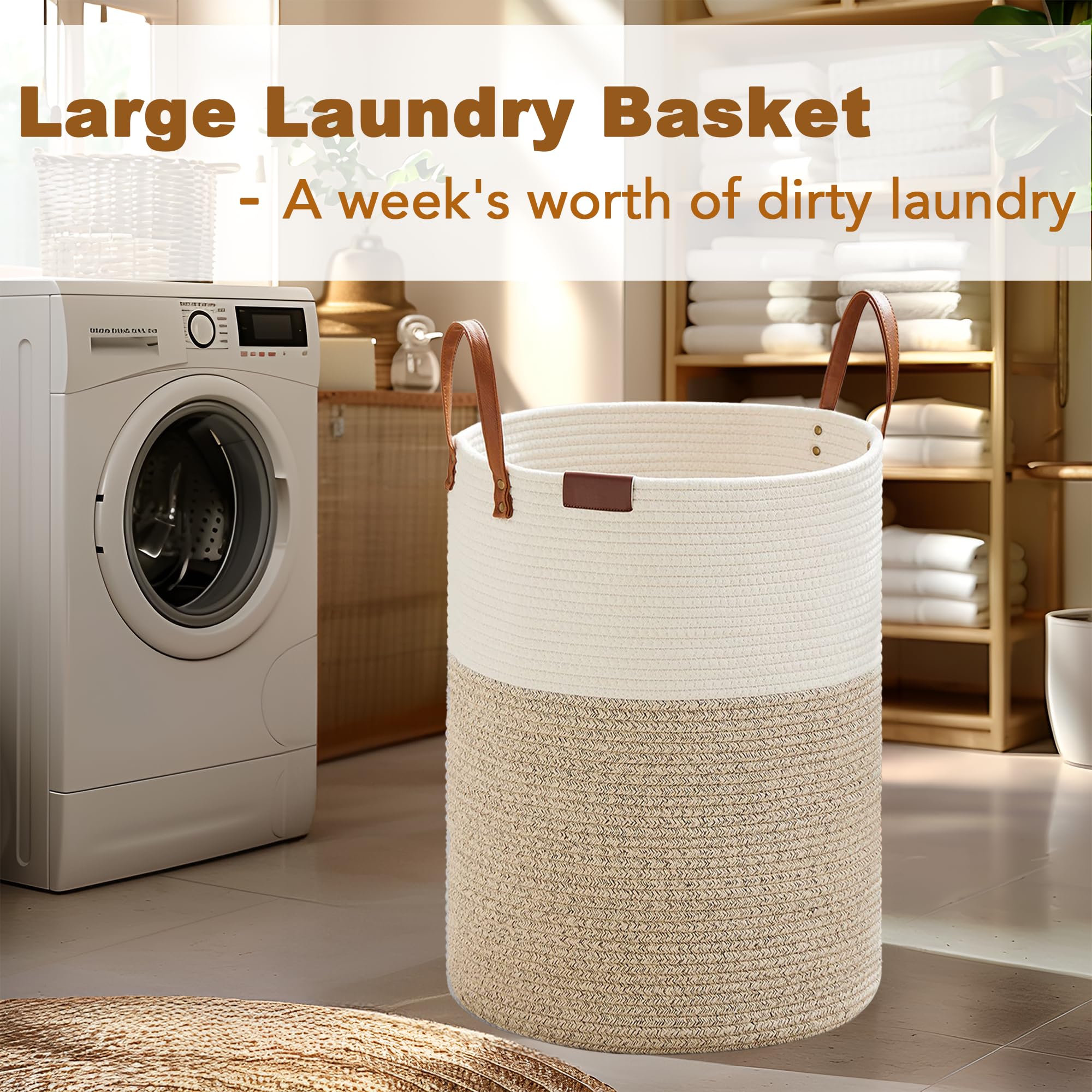 Loyareal Large Laundry Hamper 60L, Woven Cotton Rope Laundry Basket with Leather Handle, Dirty Clothes Blanket Toy Storage Basket for Living Room Bedroom Nursery, Brown