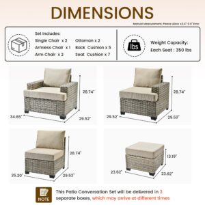 CAODOC Patio Furniture Sets 7 Pieces Outdoor Sectional Rattan Sofa Manual Weaving Wicker Patio Conversation Set with Ottomans and T Cushion(Beige)