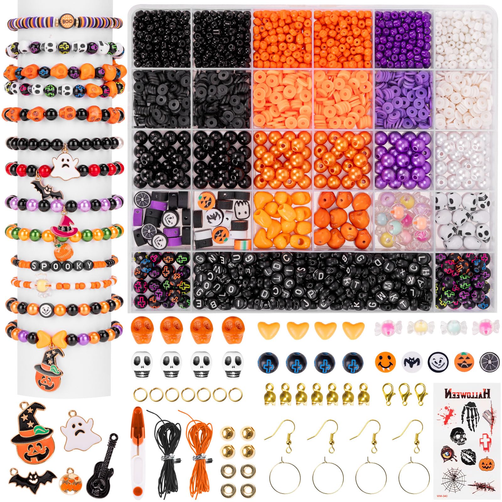 Goldwise Halloween Friendship Bracelet Kit,1 Box Halloween Beads and Black Letter Beads (A-Z) for Jewelry Making, Varieties of Halloween Charms Jewelry Making，DIY Crafts for Gifts Party Favors