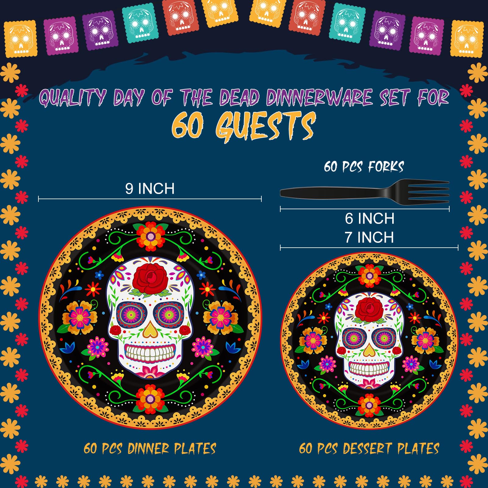 Yungyan 180 Pcs Day of the Dead Plates and Forks Dia De Los Muertos Plates 7 Inch and 9 Inch Sugar Dessert Skull Plates for Party Decorations Supplies (Marigold Flower Pattern)