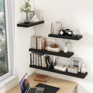 Black Floating Shelves for Wall, 9 Inch Deep Floating Shelves Set of 2, 24 Inch Long Solid Wood Wall Mounted Shelves for Books Living Room Bedroom Kitchen Home Office, 24"W x 9.3"D x 1.6"H