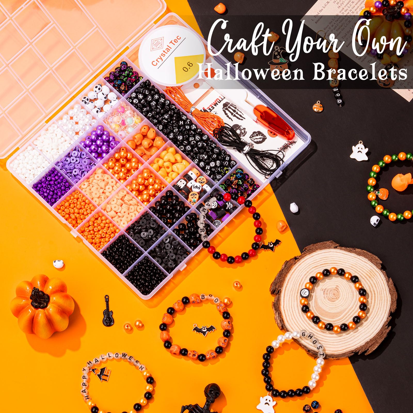 Goldwise Halloween Friendship Bracelet Kit,1 Box Halloween Beads and Black Letter Beads (A-Z) for Jewelry Making, Varieties of Halloween Charms Jewelry Making，DIY Crafts for Gifts Party Favors