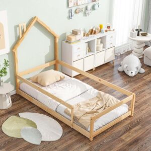 altillo twin size wood montessori floor bed frame with house-shaped headboard and fence, wooden platform bed frame with guardrails for children girls boys (natural)