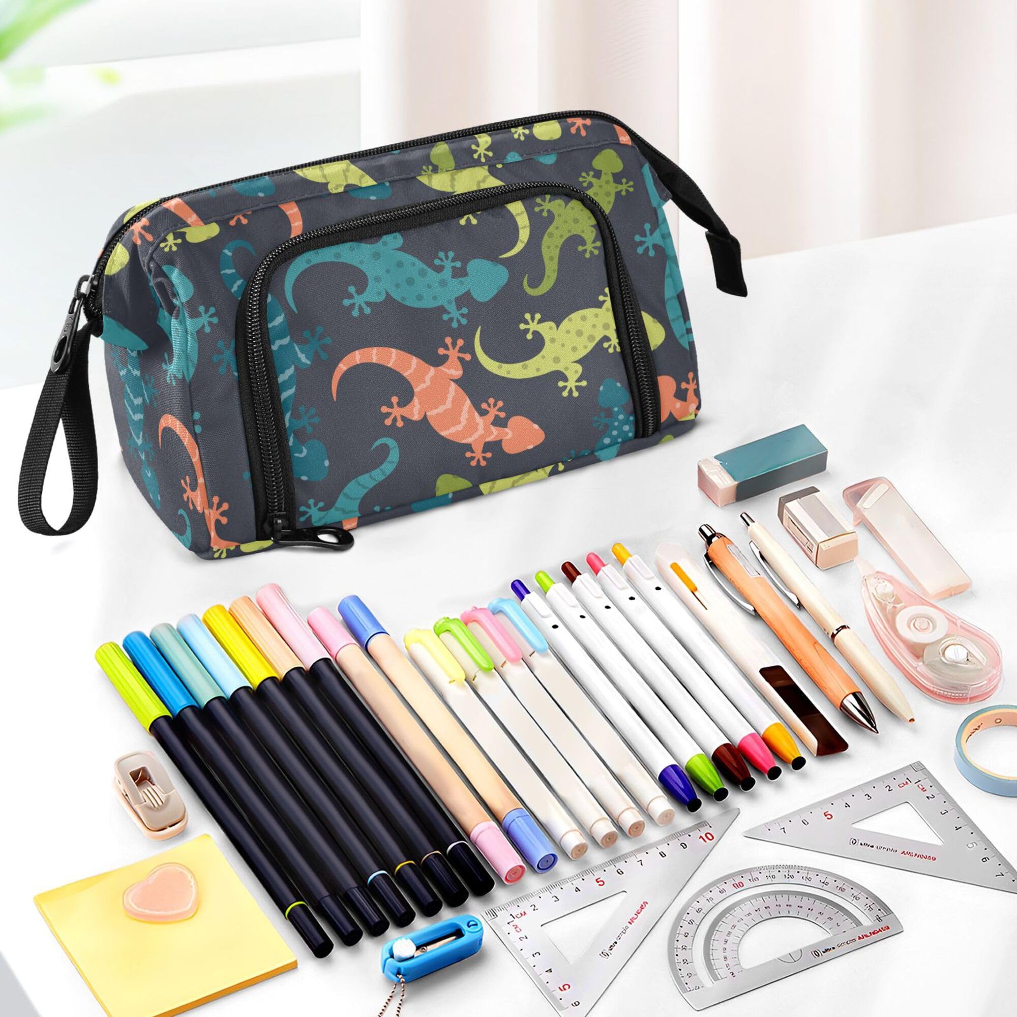 Fisyme Lizards Gecko Colorful Pencil Case Large Capacity Pencil Pouch Pen Bags Box Big Makeup Pencil Case Organizer