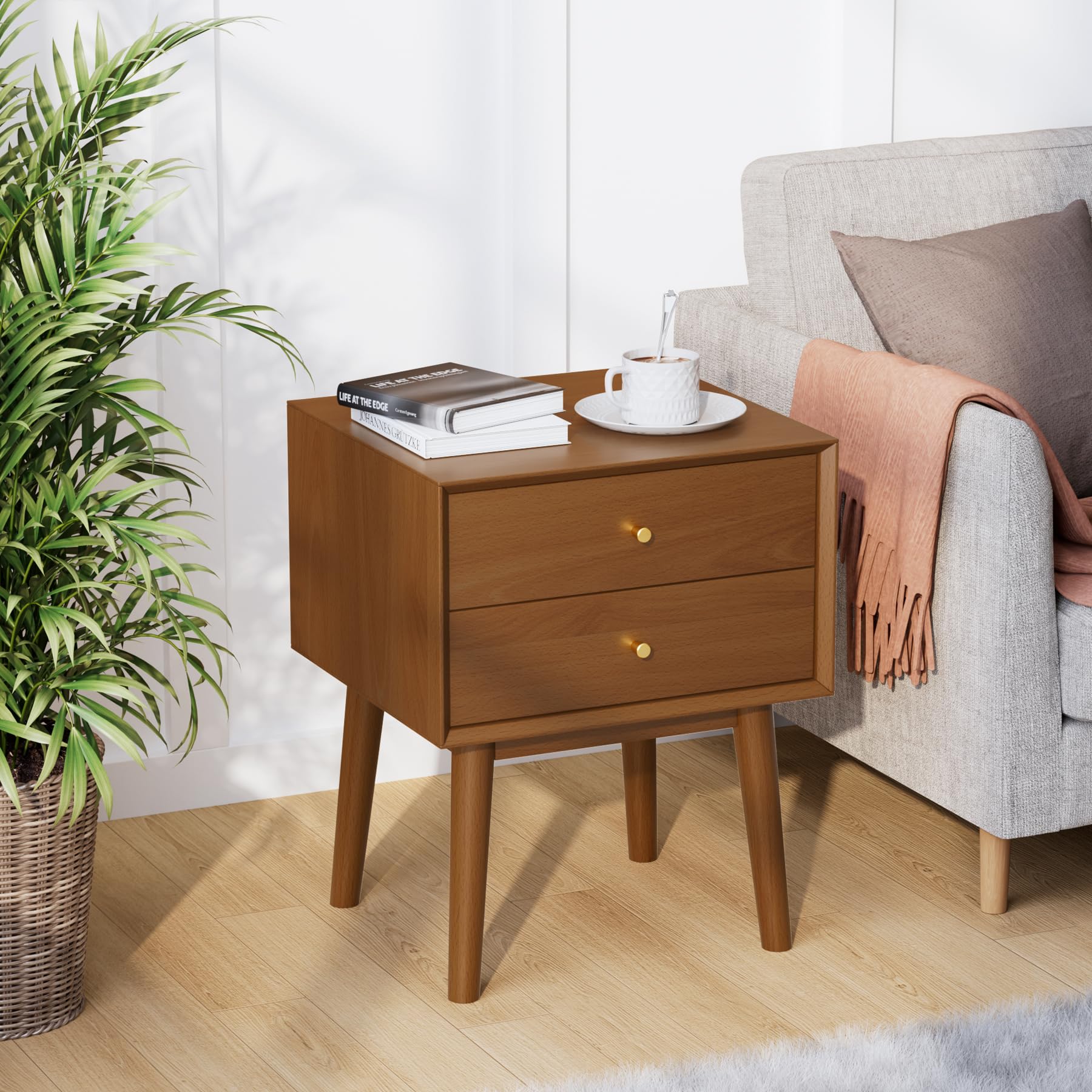 SANXIANHM Solid Wood Nightstand with 2-Drawers, Mid-Century Modern Night Stand,Small and Tall Bedside Table