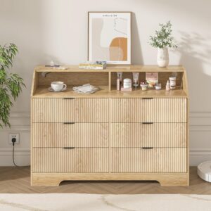 dresser for bedroom wood 6 drawer dresser with charging station, accent fluted drawer dresser bedroom dresser, wooden chest of drawers mid century modern storage dressers chest for living room