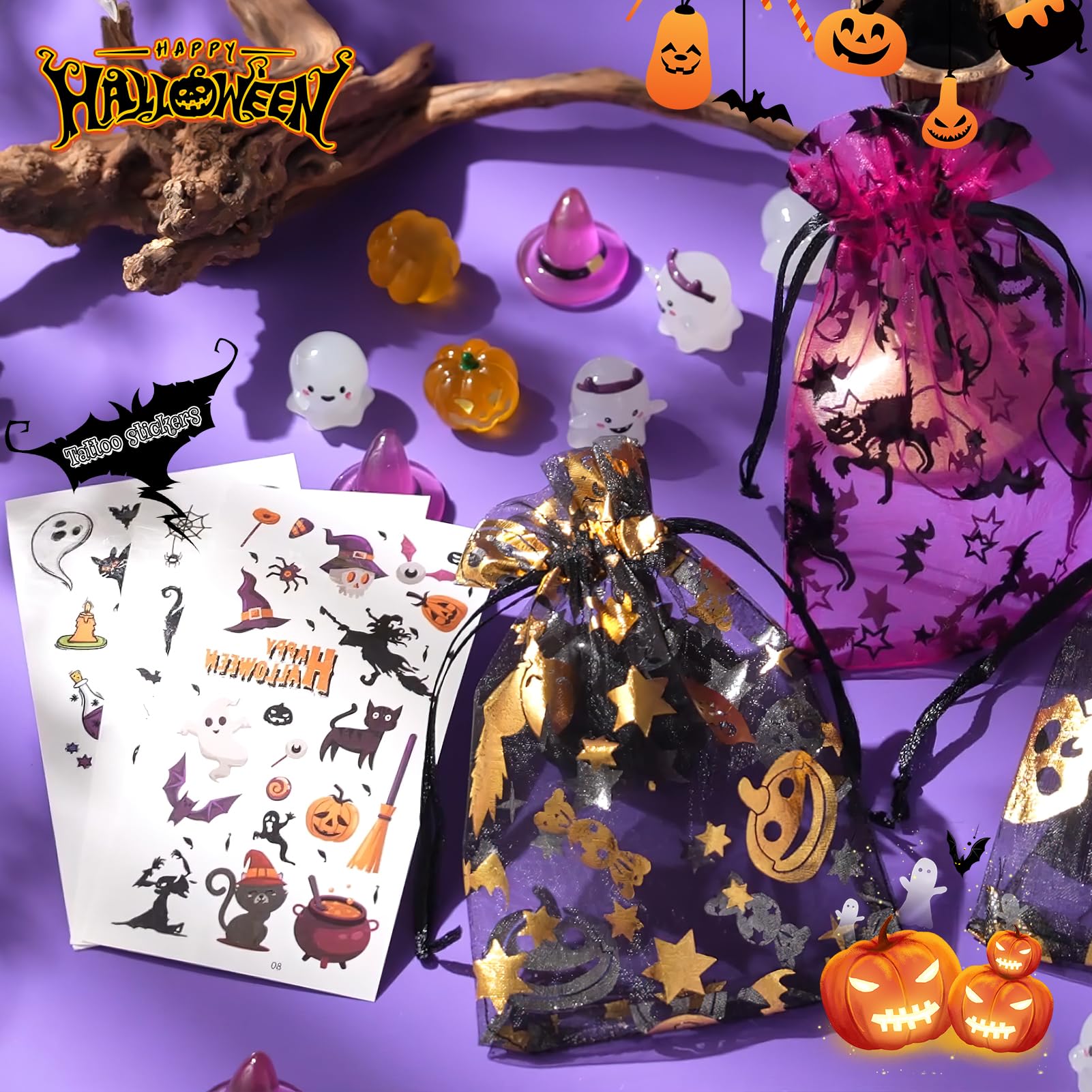 QPRETTY DU 100PCS Halloween Organza Gif Bags Set, 25PCS Glow in The Dark Resin Figures,25PCS Tattoo Sticker,Black Drawstring Gift Bags,4×6 Mesh Candy Gift Bags for Halloween Party Favors Set