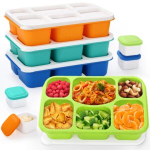 bento lunch box snack containers, reusable meal prep lunchable containers for adults kids, stackable bento snack box 4 pack, 6 compartment divided food containers, sauce container, bright colors