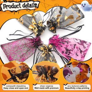 QPRETTY DU 100PCS Halloween Organza Gif Bags Set, 25PCS Glow in The Dark Resin Figures,25PCS Tattoo Sticker,Black Drawstring Gift Bags,4×6 Mesh Candy Gift Bags for Halloween Party Favors Set