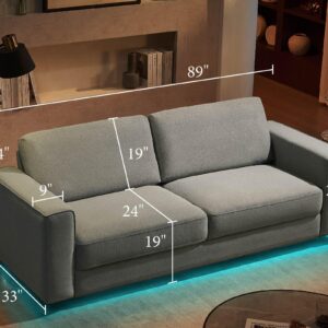 VanAcc Modern Sofa, 89 inch 3 Seater Sofa with LED Light, Floating Sofa Couch for Living Room, Linen Grey Oversized Couch