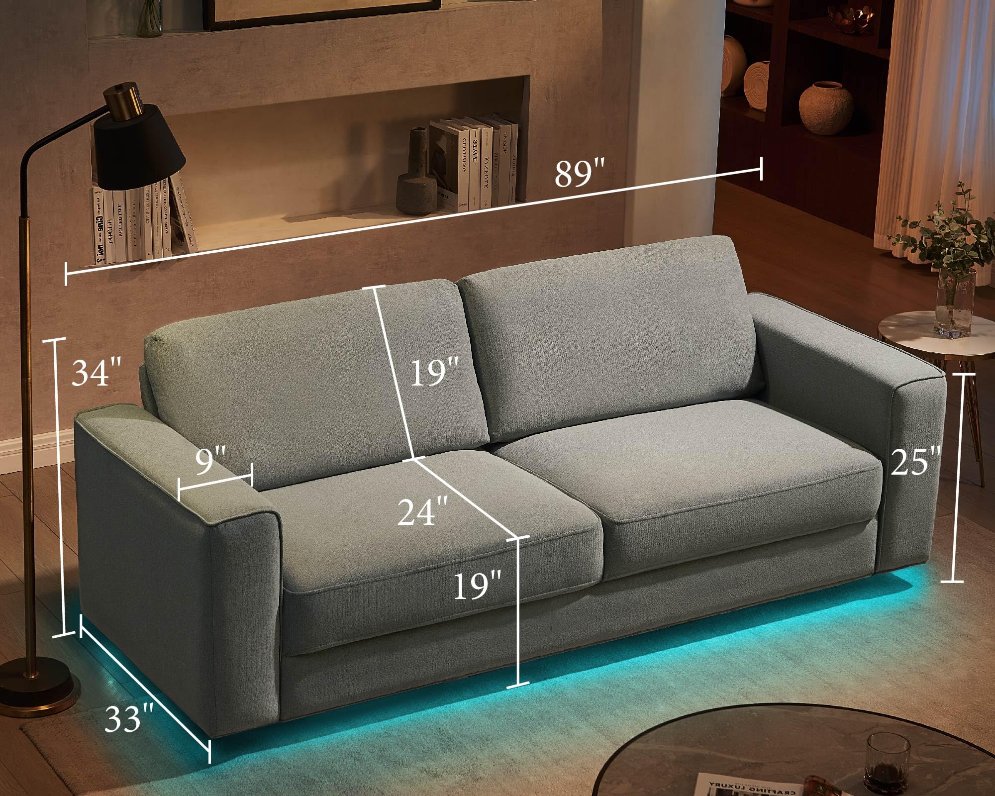 VanAcc Modern Sofa, 89 inch 3 Seater Sofa with LED Light, Floating Sofa Couch for Living Room, Linen Grey Oversized Couch