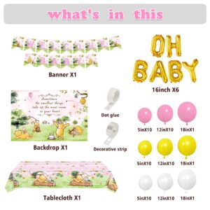 Classic Winnie Backdrop with Balloons Arch Kit for Girls Newborn Baby Shower Pink the Pooh Bear Themed Birthday Party Decorations 5x3ft Photography Background Tablecloth Banner Party Supplies