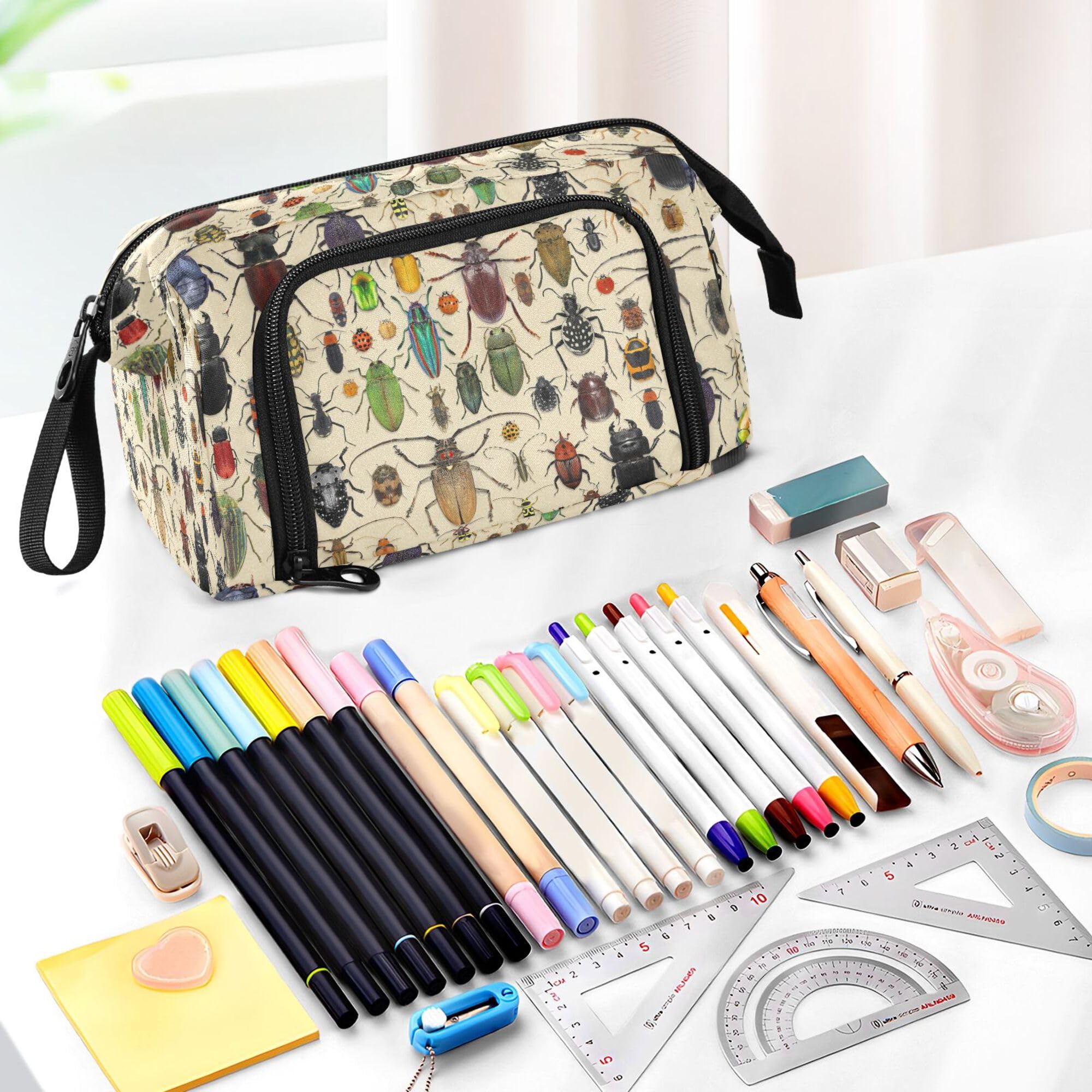 Fisyme Ladybugs Beetles Bugs Pencil Case Large Capacity Pencil Pouch Pen Bags Box Big Makeup Pencil Case Organizer