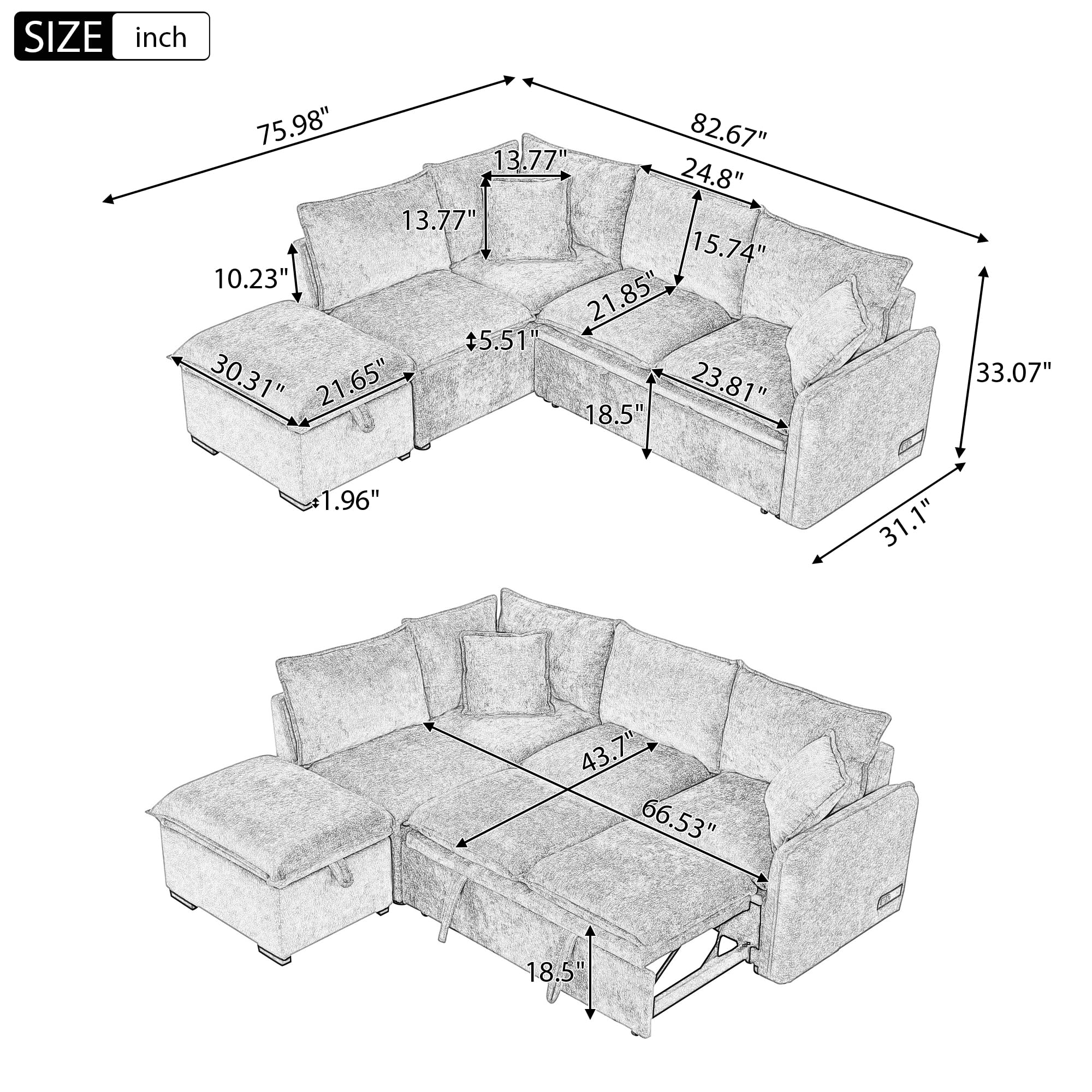 FANYE L-Shaped Oversized Convertible Sleeper Sectional Sofa Couch Daybed W/Pull Out Sleep Sofabed,Storage Ottoman, 2 Pillows, Power Sockets and USB Charging Ports for Living Room