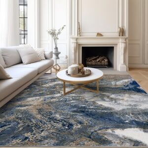 luxcrest marble area rugs for living room carpet for bedroom, washable area rug indoor modern rug home office rug dining room soft low pile non-shedding rug (blue/gold, 8x10)