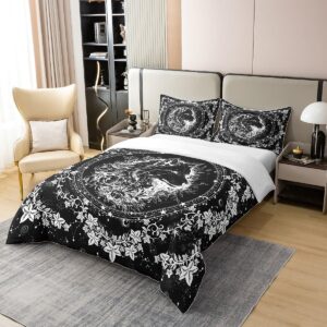 Feelyou Boho Exotic Wolf Bedding Set for Boys Kids King Sun Moon Comforter Cover Set Room Decorative Bohemian Wild Animals Theme 100% Cotton Duvet Cover Galaxy Floral Bedspread Cover 3Pcs Bedclothes