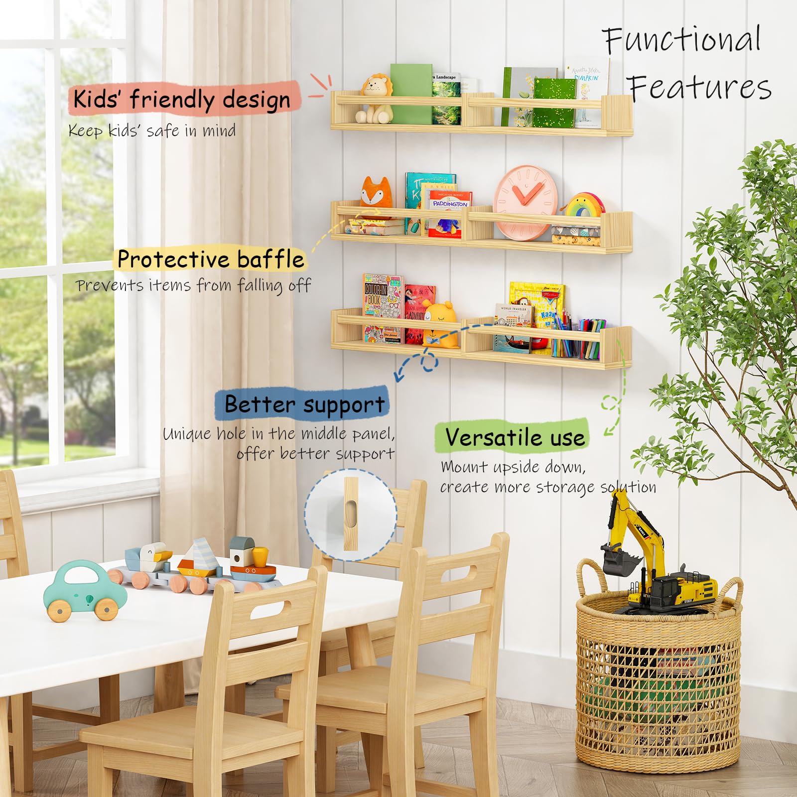 Harwaya Floating Nursery Book Shelves for Wall, 32 Inch Long Wall Bookshelf for Kids Room Bedroom, Wooden Large Wall Shelf with Hanging Rod for Baby Toddler Child Clothes (3-Pack, Natural Wood)