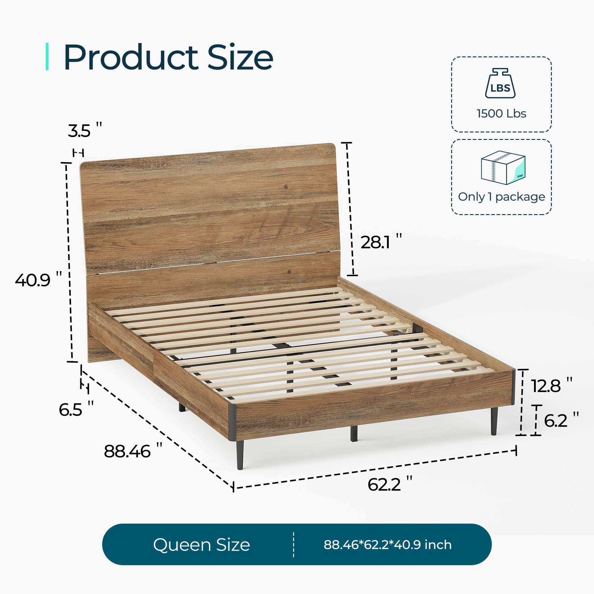 LINSY Queen Wood Bed Frame with Ergonomic Headboard, Bed Frame Queen with Storage Shelf, Noise-Free, No Box Spring Needed - Brown